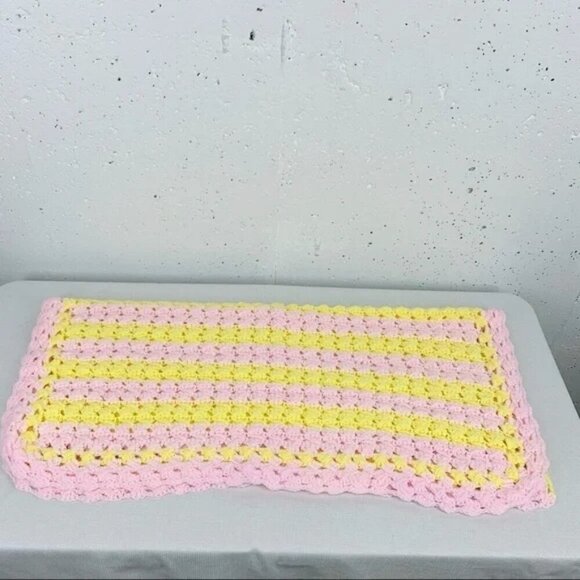 2 Vintage Hand Knit Pink Yellow Green Handmade Crochet Baby Blankets - Picture 2 of 15